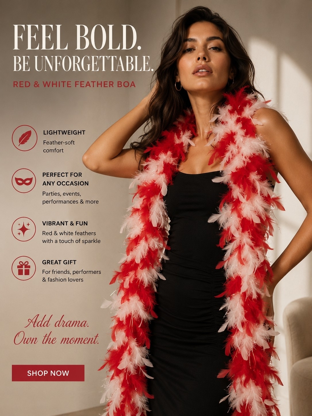 Red & White Feather Boa - Elegant Women's Accessory